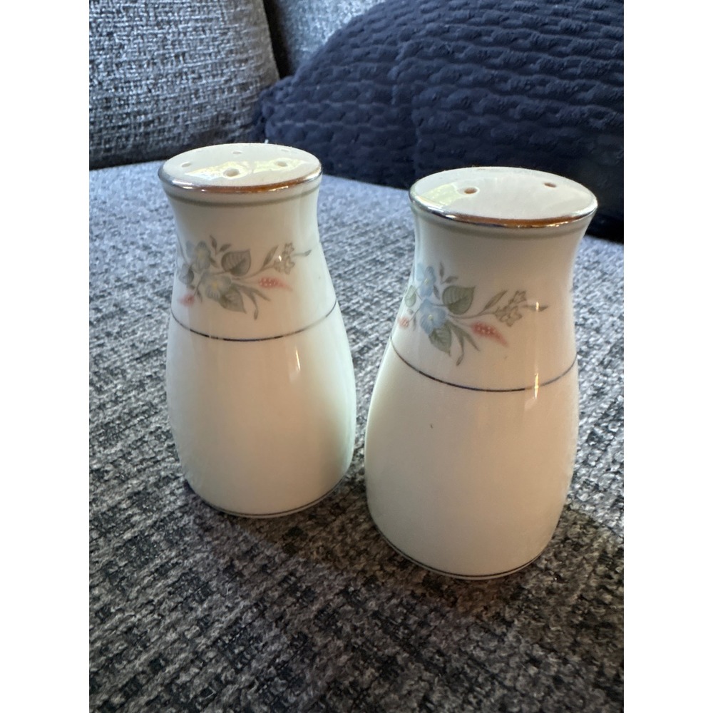 Noritake Traviata 7327 Floral Fine China Salt & 
Pepper Shaker Set Silver Trim